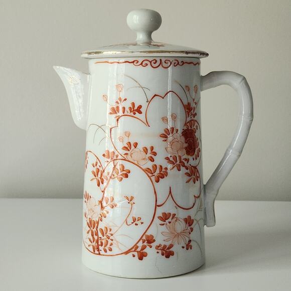 Antique Japanese Chocolate Pot | Early 20th Century Porcelain | Red Orange Gold - Picture 4 of 10